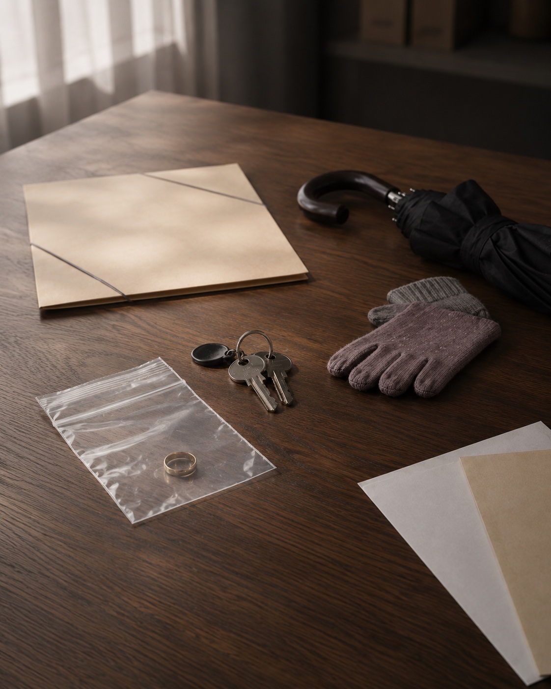 Stillleben mit Fundst&uuml;cken auf einem Schreibtisch: Ring, Schl&uuml;ssel, Handschuh, Regenschirm und Mappe